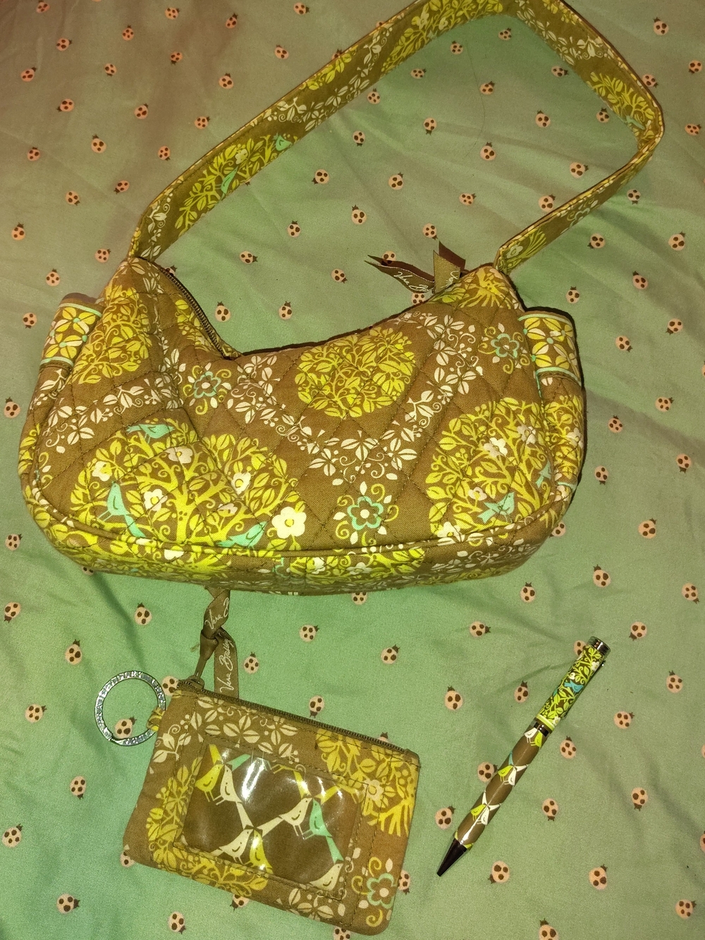 Vera Bradley Brown and Yellow Quilted Floral Shoulder Bag with Card Pouch & Pen